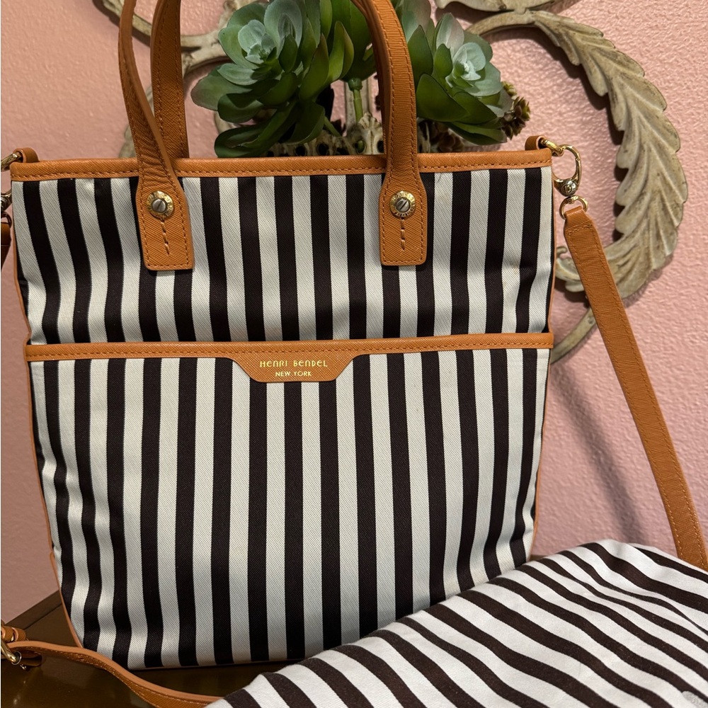 Henri Bendel Black and White Striped Canvas Tote